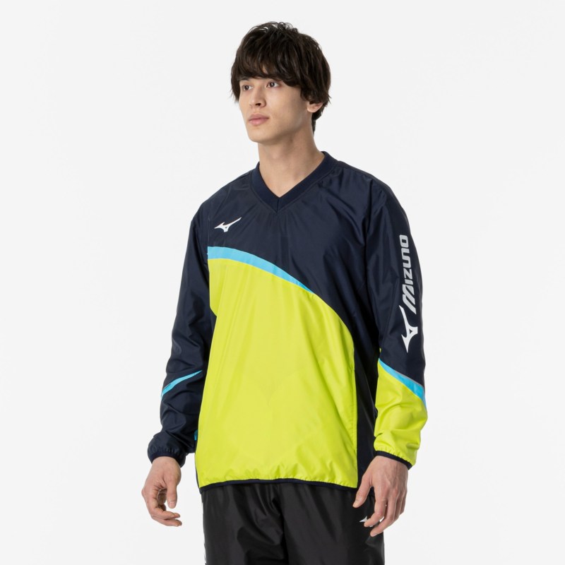 MIZUNO ミズノ ウィンドブレーカーシャツ(総裏メッシュ／ラケットスポーツ) ディープネイビー×ライムグリーン テニス ウエア