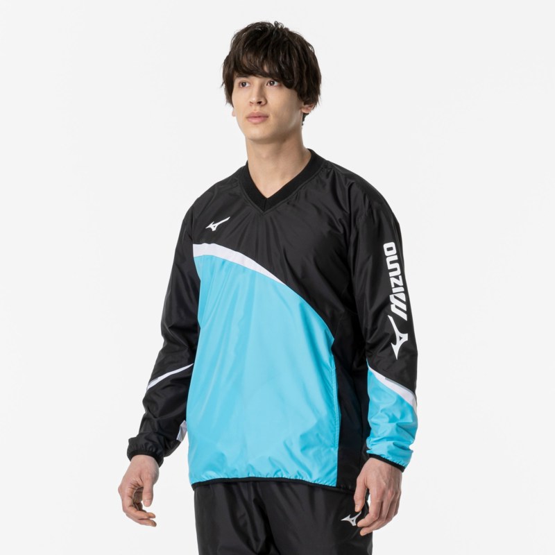 MIZUNO ミズノ ウィンドブレーカーシャツ(総裏メッシュ／ラケットスポーツ) ブラック×ブルーアトール テニス ウエア