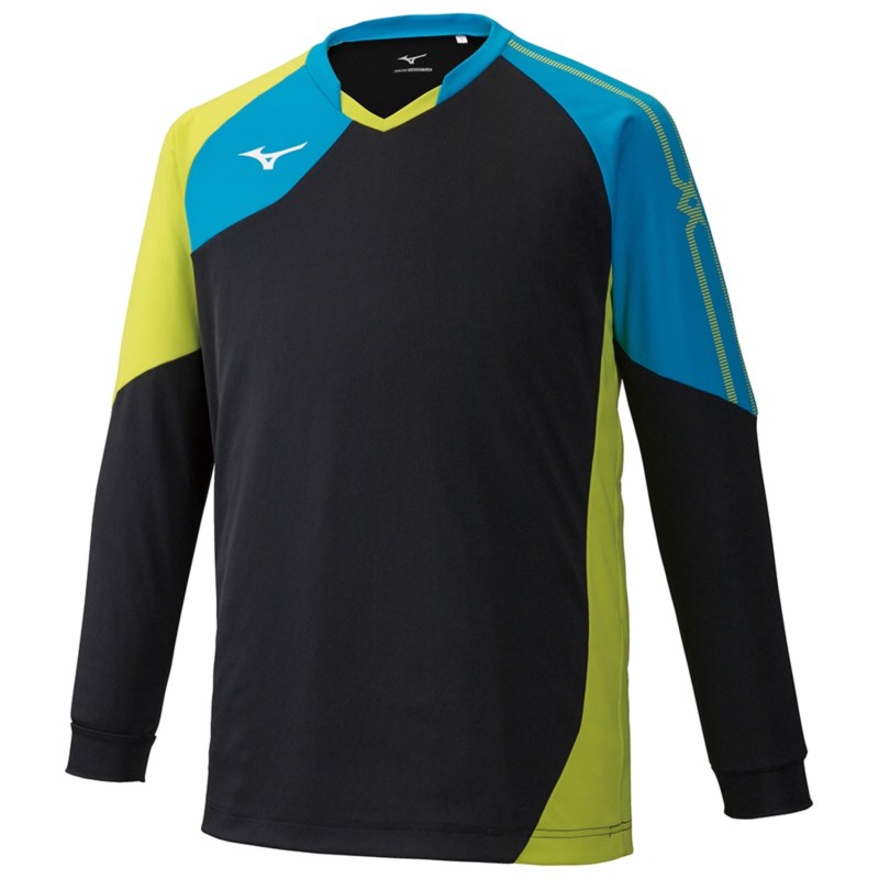 MIZUNO ミズノ ゲームシャツ(長袖) ブラック×ディーバブルー×ライムグリーン バレーボール ウエア