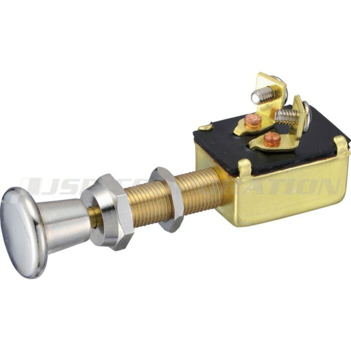 ■クロームメッキ製■取付穴サイズ：径10mm●レバーを引くタイプのスイッチ。●一度引くと片方がONになり、もう一段階引くと片方の電源が切れ、片方の電源がONになります。