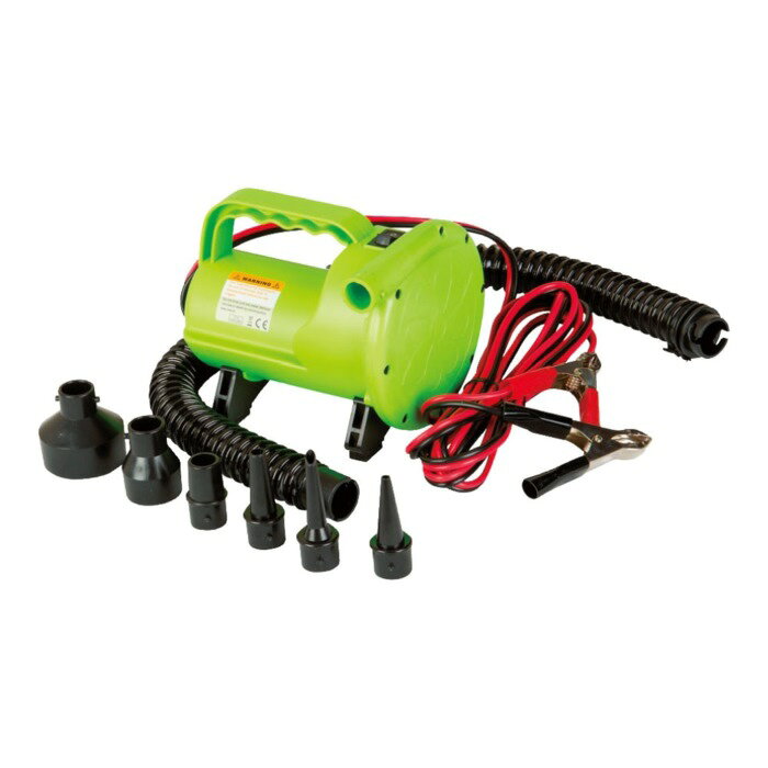 ■電圧：DC12V■定格電流：33A■エアー流量：350L/分■最大圧力：2.3psi●ワニグチグリップで接続して使います。6種類のアダプター付。●ホースが大口径のため、空気の注入、排出がスムーズにできます。