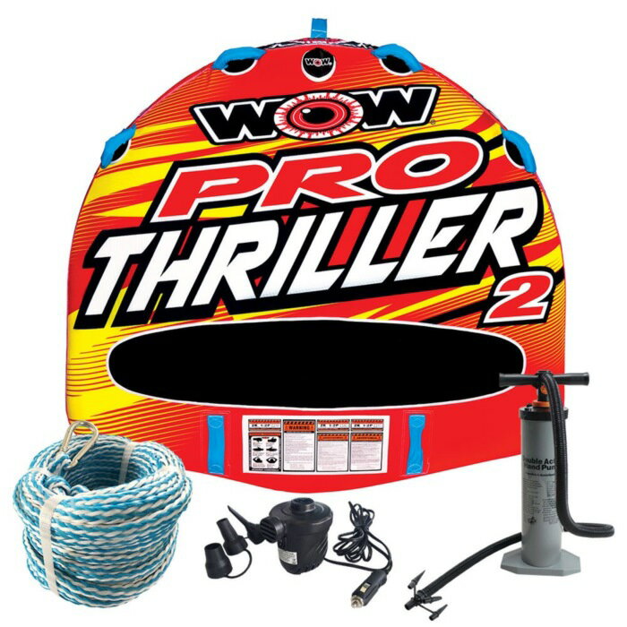 乐天商城 - WOW ワオ ビッグスリラーPRO 4点セット ロープ+ハンドポンプ+電動ポンプ付 2人乗り トーイングチューブ本体 マリンスポーツ