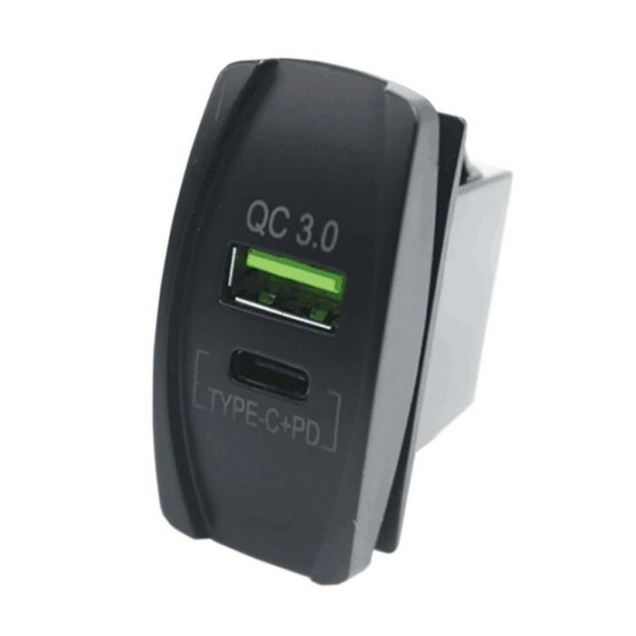 ■入力：DC12-24V、出力DC5V/3A■穴あけ寸法：φ29.2mm●USB-A QC3.0ポートとType-Cポートのデュアルチャージャーです。