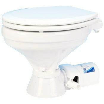 ■給水：19mm(3/4”)または16mm(5/8”)ホース接続　■排水：25mm(1”)または38mm（1 1/2”)ホース接続　■重量：12.85kg■便器：白いガラス質の陶器製■便座、蓋：焼付けエナメル製■フラッシュポンプ：フレキシブル・インペラー仕様■ブラシモーター及びステンレスシャフト使用■大容量のマセレーターと排泄ポンプ■逆流防止装置内蔵●全世界でもっとも売れているマリントイレです。　●洗練されたデザインで信頼性も高く多くのお客さまから支持されています。●磁器製ボウルの採用により清潔感があり衛生的、お掃除も簡単です。　●エナメル加工によりスタイリッシュで高級感のあるシートとカバーに仕上げました。●排水線の上下どちらにも取付可能で、フラッシュポンプは最高1.2mまで揚水できます。●排出マッセレーターポンプは最高1mまでの水圧に対し作動可能です。●ベースは90度回転可能で接続しやすく設置スペースに合わせた向きに位置を調整できます。●清水、海上に対し全て腐食に強い素材だけを使用。