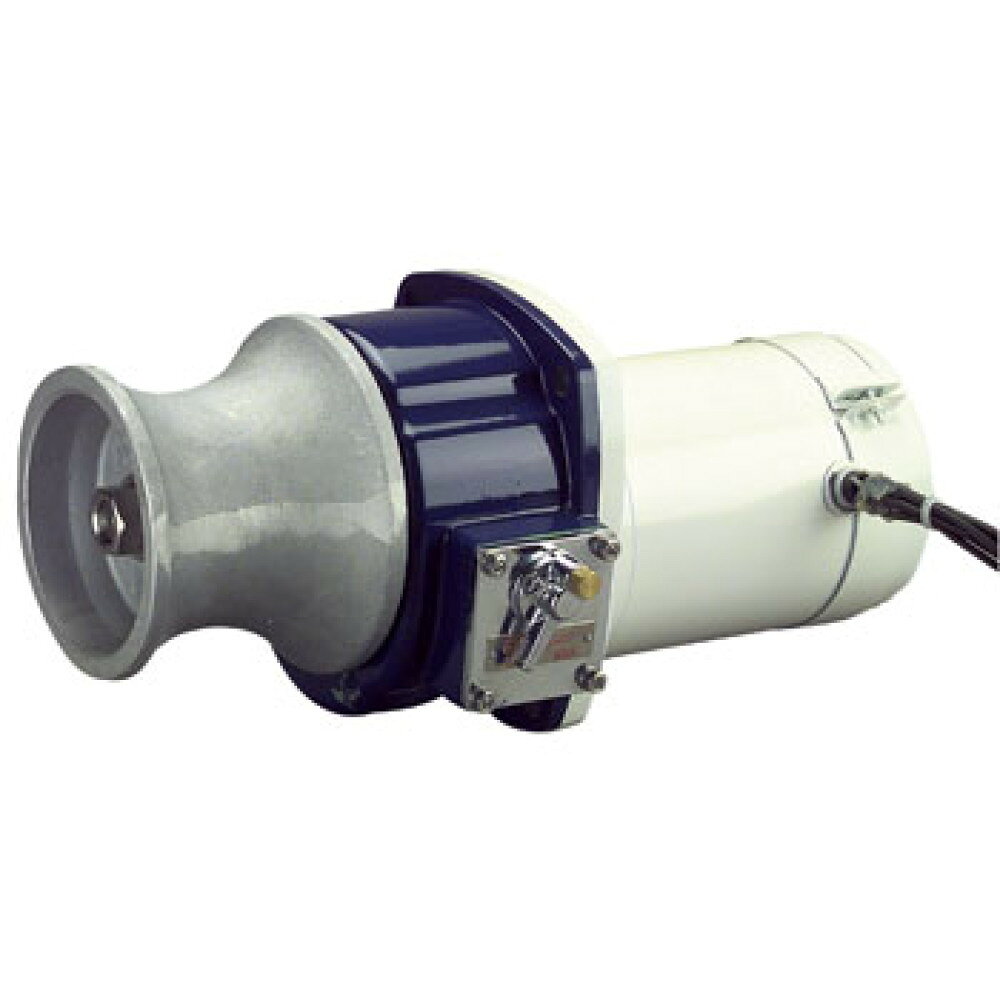■仕様：電圧　DC24V　■電流：25A、■モータ出力：400W、■定格時間：1h/25A、■ローラー回転数：50rpm(低速) 100rpm(高速)　■巻上能力　最大(瞬間) 700kg(低速) 350kg(高速)、■常用(定格)200kg(低速) 100kg(高速)、■巻上速度(m/min)　20(低速)　330(高速)　■重量：24kg　■付属品：船用貫通金具1個、圧着端子　5ヶ、防水プレート　1ヶ●巻上能力をレバー操作で高速・低速の2段切替が出来ます。　●モーターケースやローラー等に耐蝕アルミ合金を使用しており、軽量・コンパクトで錆汚れの心配もございません。　●ウレタン塗装で耐蝕性抜群です。　