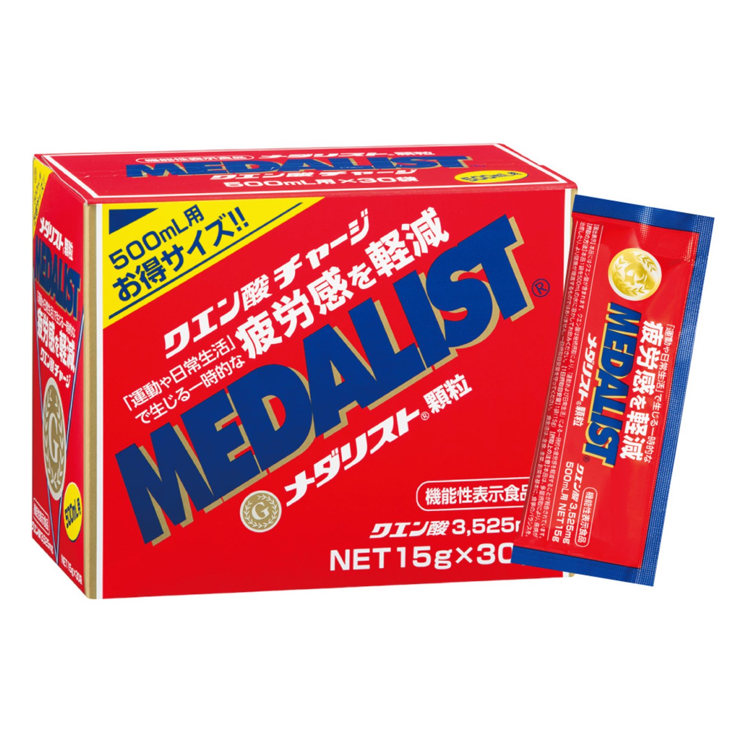 ●「運動や日常生活」で生じる疲労感を軽減 ＜機能性表示食品＞【届出表示】本品にはクエン酸が含まれます。クエン酸は継続摂取により「運動および日常生活」による疲労感を軽減することが報告されています。【届出番号】E587●食生活は、主食、主菜、副菜を基本に、食事のバランスを。●本品は事業者の責任において特定の保険の目的が期待できる旨を表示するものとして、消費者庁に届出されないものです。ただし、特定保健用食品と異なり、消費者庁長官による個別審査を受けたものではありません。●本品は、疾病の診断、治療、予防を目的としたものではありません。●容量:1袋15g×30袋【素材】甜菜糖(北海道製造)、クレアチン、酵母エキス、無臭にんにく/クエン酸、 トレハロース、乳酸カルシウム、クエン酸Na、ビタミンC、香料、アラニン、硫酸マグネシウム、グルタミン、グリシン、アルギニン、バリン、甘味料 (スクラロース)、ロイシン、チャ抽出物、 リジン、アスパラギン酸Na、塩化カリウム、イソロイン、シスチン、ヒスチジン、フェニルアラニン、ナイアシン、クエン酸鉄Na、トリプトファン、トレオニン、ビタミンB2、メチオニン、ビタミンE、パンテトン酸Ca、抽出カロテン、ビタミンB1、ビタミンB6、ビタミンA、葉酸、ビタミンD、ビタミンB12■品番：890053■ブランド：MEDALIST メダリスト■対象：メンズ＆ユニセックス■生産国：日本製■仕様：2026総合カタログ掲載商品※モニターの発色の具合により、実際の色と異なる場合がございます。※メーカー在庫と連動しているため、ご注文のタイミングにより欠品となる場合がございます。