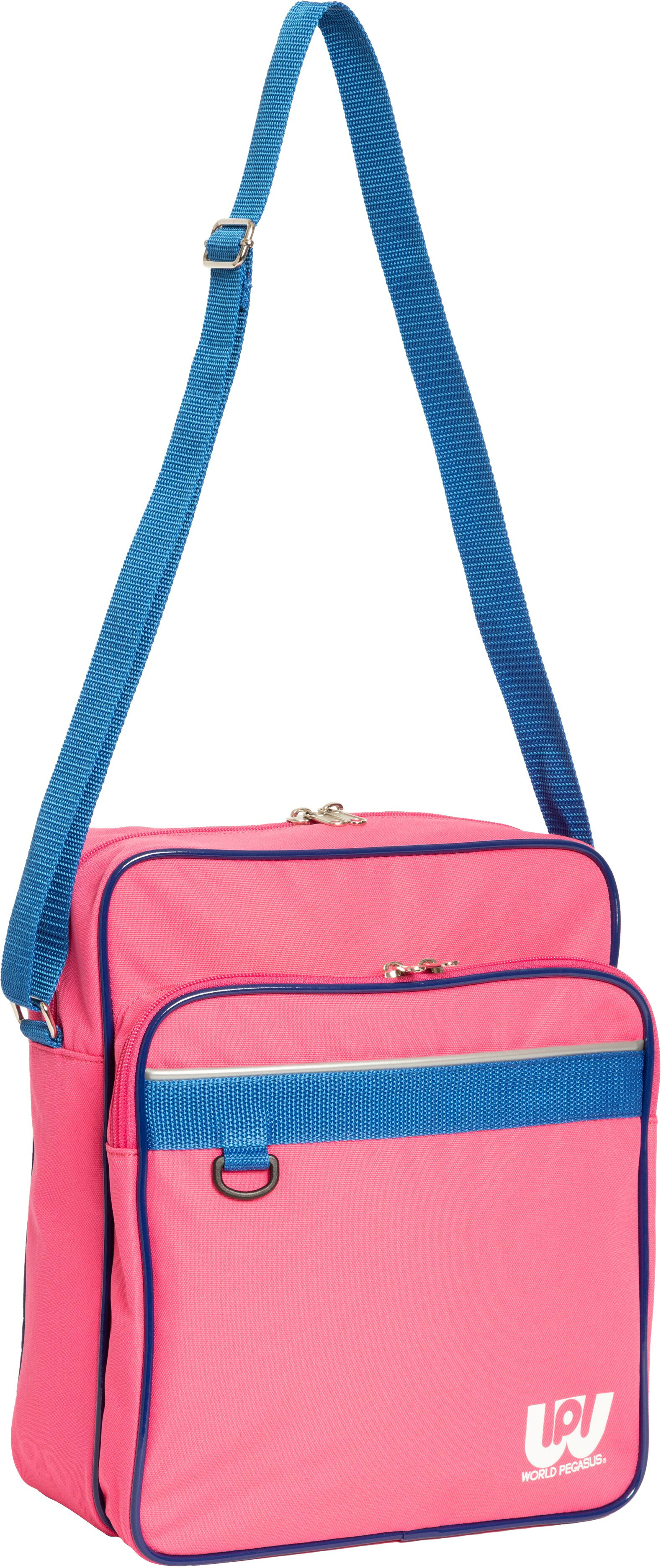 WORLD PEGASUS ワールドペガサスショルダーバッグ■メーカー品番：WEBC3SSB■カラー：ピンク/ロイヤル■サイズ：W25.5×D12×H31cm■重さ：約10■素材：ポリエステル(PUコーティング)外部：ファスナーポケット×1内部：オープンポケット×1人気のショルダースクールバッグ。ファスナータイプの前面ポケットはマチもあるので収納力抜群。キーホルダーをつけられるDカン付きです。made in CHINA