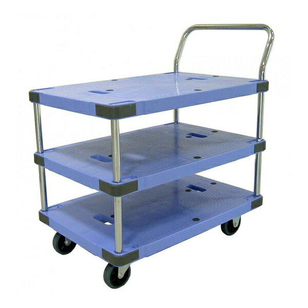 樹脂製運搬車（微音） 固定ハンドル 3段ハンドル 積載荷重:300kg 積載面サイズ:長さ(L)90×幅(D)60cm 床面高:20.3cm ハンドル高さ:99.1cm キャスター:φ125・グレーゴム・国産キャスター使用 自重(28.5)kg