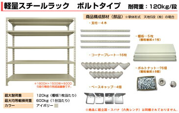 スチールラック 軽量120kg/段（ボルト） 表示寸法：高さ90×幅150×奥行45cm：6段（枚）自重(47.2kg) ・単体形式： 【スチールラック】 業務用スチールラック スチール棚 本棚 スチール スチール製　オープンラック