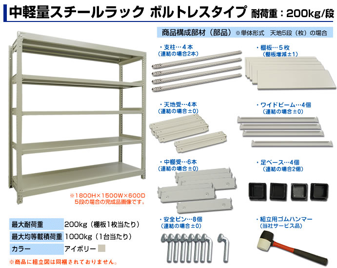 スチールラック 連結形式 高さ2400×幅1800×奥行600mm 4段 200kg/段(ボルトレス) 重量(69kg) s-200bl286c-4 3