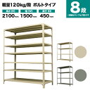 スチールラック 単体形式 高さ2100×幅1500×奥行450mm 8段 120kg/段(ボルト) 重量(66kg) s-120b175b-8 1