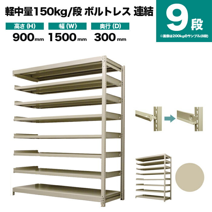 スチールラック 連結形式 高さ900×幅1500×奥行300mm 9段 150kg/段(ボルトレス) 重量(64kg) s-150bl235a-9