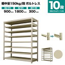 軽中量スチールラック 150kg/段ボルトレスの特長 センター商品である200kg/段の高い品質・機能はそのままに、ボルトレス製の価格を抑えた期待の新製品です。 職場環境にマッチするデザイン性から、商材自身の価値を引き立てる展示用ラックや、陳列棚として活躍します。 商品情報 商品名 業務用スチールラック 150kg/段 ボルトレスタイプ 単体形式 表示寸法 高さ 900mm 幅 1800mm 奥行 300mm 実寸法 高さ 904mm 幅 1800mm 奥行 300mm 静止均等耐荷重 150kg/段（棚板1枚当たり） 最大均等積載荷重 MAX600kg（1台当たり) 段数 10段 重量 84kg 主材料 スチール（鉄） カラー アイボリー 塗料 高級メラミン焼付け塗装 生産国 日本（国産品） 梱包と出荷形状 部材・部品のダンボール簡易包装（お客様組立て品）