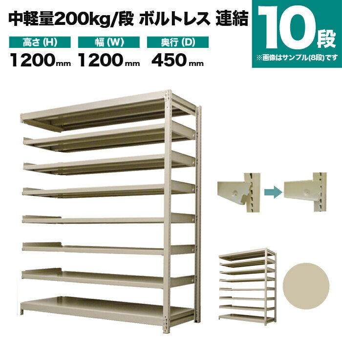 スチールラック 連結形式 高さ1200×幅1200×奥行450mm 10段 200kg/段(ボルトレス) 重量(70kg) s-200bl244b-10