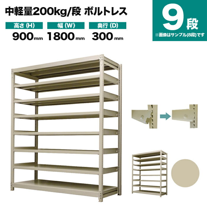 スチールラック 単体形式 高さ900×幅1800×奥行300mm 9段 200kg/段(ボルトレス) 重量(78kg) s-200bl136a-9