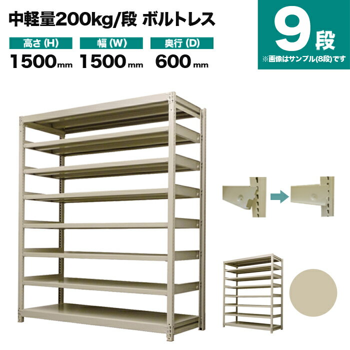 スチールラック 単体形式 高さ1500×幅1500×奥行600mm 9段 200kg/段(ボルトレス) 重量(117kg) s-200bl155c-9