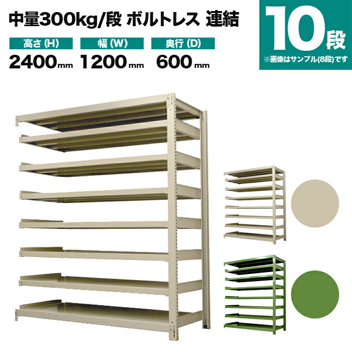 スチールラック 連結形式 高さ2400×幅1200×奥行600mm 10段 300kg/段(ボルトレス) 重量(108kg) s-3002-284c-10