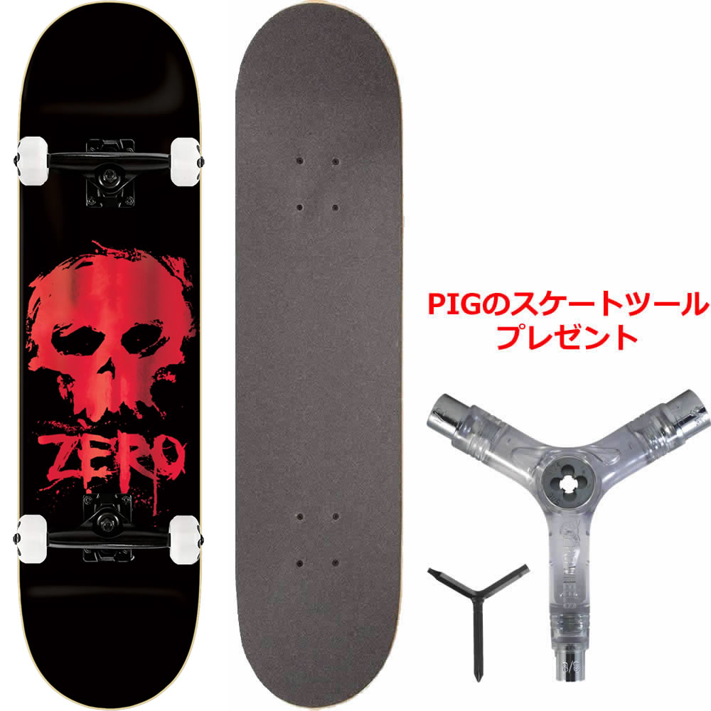 ZERO(ゼロ) SKATEBOARDSのコンプリートモデル サイズ：8 x 31.6インチ 素材：メイプルウッド ZERO系ブランドのパーツで組まれているので、スケボー初心者から上級者まで使えるコンプリートです。 ＜ZEROコンプリート詳細＞ ------------- デッキ：ZERO(ゼロ)【定価13,750円】 トラック：ZERO(ゼロ)【定価5,940円】 ベアリング：ZERO(ゼロ)ハイパフォーマンス・ベアリング仕様【定価3,520円】 ウィール：ZERO(ゼロ)52mm【定価5,280円】 グリップテープ：ZERO(ゼロ)【定価1,045円】 ビス：ZERO(ゼロ)【定価660円】 ------------- 合計30,195円相当のパーツを使用し、お値段19,580円！ バラで買うより10,615円もお得なセットです。 ★今なら便利なネジ切り付きのPIGのスケートツール(定価 \3,080)をプレゼント！ (※ツールのカラーはおまかせとなります。) ・商品の色味や木目は掲載画像と異なる場合がございます。 ・商品の仕様は予告なく変更となる場合がございます。 【沖縄・離島のお客様へ】 この商品は送料無料となっておりますが、沖縄・離島の場合、別途送料がかかります。 システム上送料が0円と表示されますが、ご注文頂いた後、送料を含む合計金額をメールにてご連絡させて頂きます。 何卒ご了承下さいますよう、お願い申し上げます。 送料についての説明は『お支払い・送料について』のページをご確認下さい。