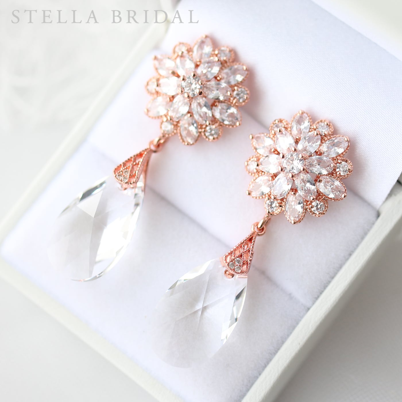 【STELLA BRIDAL公式】ブライダル イヤリング ピアス コラレット ドロップ クリスタル ピンクゴールド|スワロフスキー ブライダルイヤリング ビジュ...