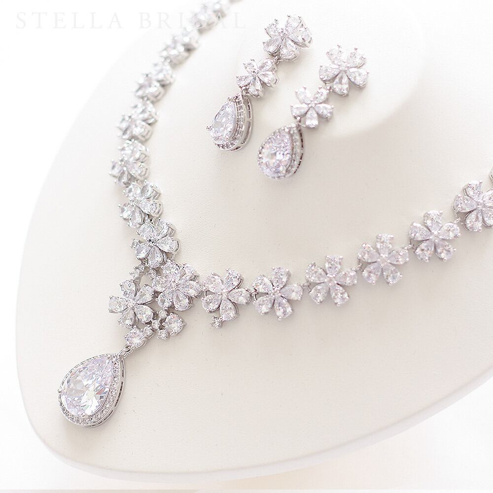 【STELLA BRIDAL公式】ブライダル アクセサリー セット エタニティ フラワー ネックレス ピアス イヤリング|ジルコニア ブライダルアクセサリー ビ...
