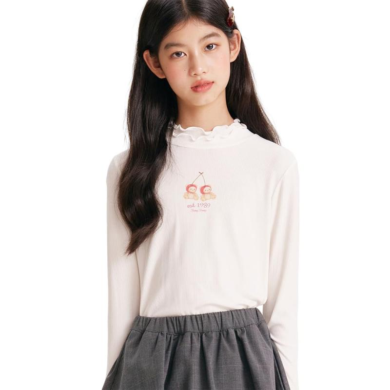 Rakuten - [Barry Banny] 長袖tシャツ キッズ ガールズ 子供服 女の子 リブ インナー フリル さくらんぼ クマ柄 トップス 薄手 ハーフハイネック 可愛い 小学生 中学生 春 秋 冬 120 130 140 150 160 165cm