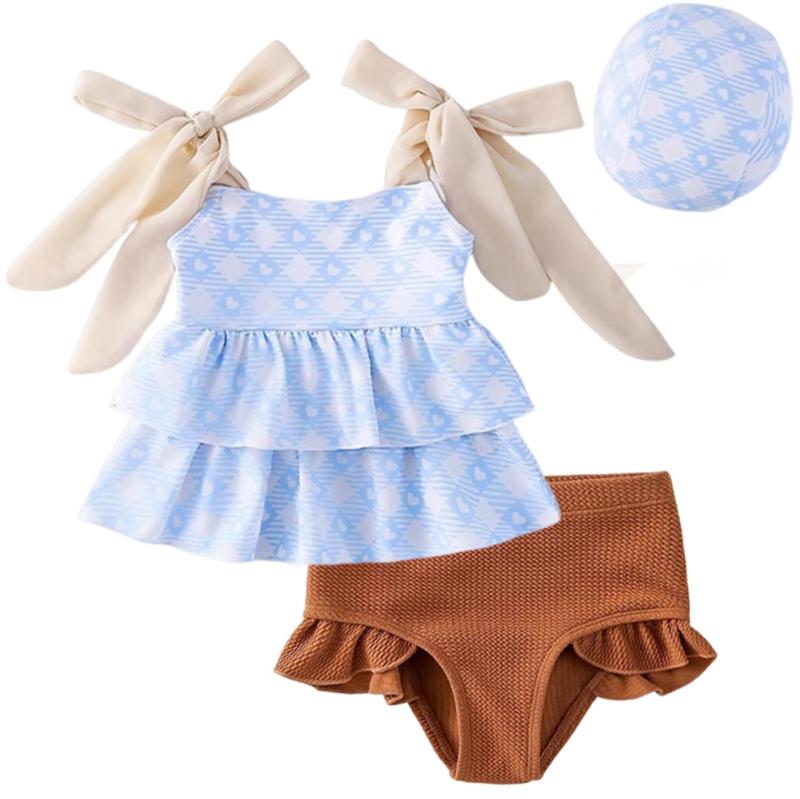 [AILITI] キッズ 水着 女の子 セパレート オフショルダー ケーキスカート ショーツ スイムキャップ 3点セット 肩紐調節 UPF50+