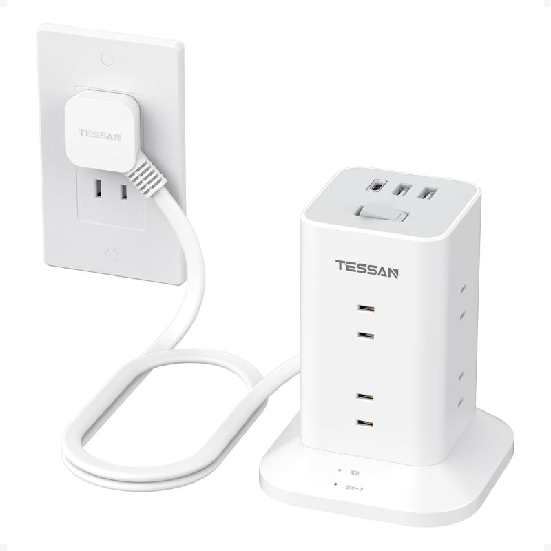 TESSAN 電源タップ タワー型 延長コード 薄型プラグ 8個AC コンセント 1個USB-Cポート及び2個USB-Aポート テーブルタップ たこあしコンセント タコ足配線 マルチ OA 雷ガード 一括スイッチ 省エネ