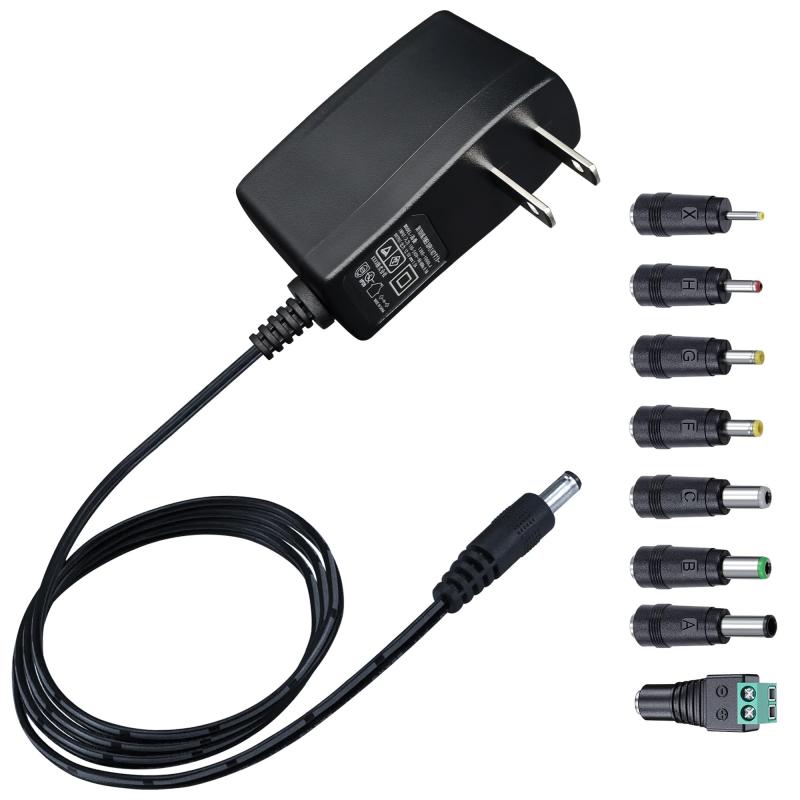 Rakuten - 12V 1A 電源アダプター、100-240V 50/60Hz AC - DC 12V 1A/1000mA 12W 壁プラグ、8 チップ付き