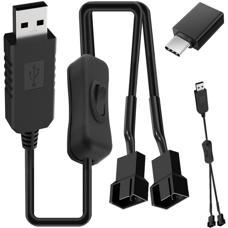 USB - 3ピン/4ピン PWMファンケーブル 5V/12V PC冷却ファン速度制御延長ケーブル スイッチ付き
