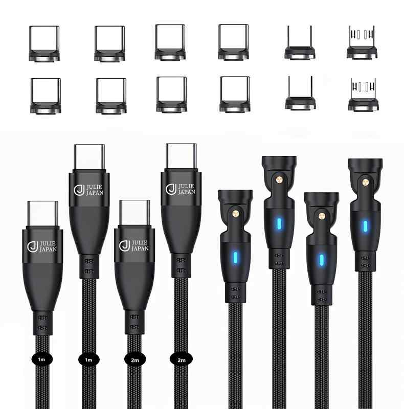 JJ JULIE JAPAN マグネット充電ケーブル PD対応 9PIN 100W マグネット端子3種類セット(USB-C、Micro-USB、アイプロダクト) 急速充電 データ通信対応 2本セット