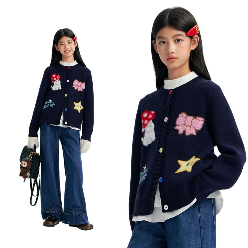 樂天商城 - [Barry Banny] カーディガン キッズ 長袖 子供服 女の子 セーター ニット トップス カラフル柄 星 キノコ 犬 リボン 5色ボタン リブ 可愛い 暖かい 防寒 おしゃれ クリスマス 小学生 中学生 春 秋