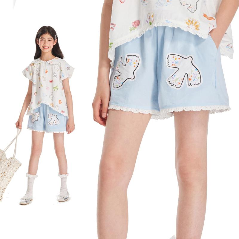 [Barry Banny] ガールズ ショートパンツ 女の子 ハーフパンツ 半ズボン ワッペン 綿 ハト柄 ゴムウエスト 夏服 通気性 柔らかい 軽量速乾 おしゃれ うみべ 子供服