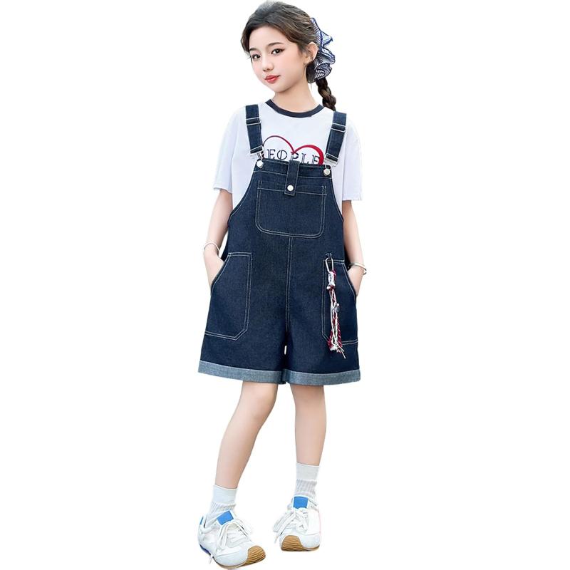 [TYYRBMG] ガールズ オーバーオール デニムサロペット 夏 五分丈 ハーフパンツ 女の子 デニム 半ズボン オールインワン ワイドパンツ ジーンズ 子供服 ショート丈 おしゃれ ゆったり 普段着 通
