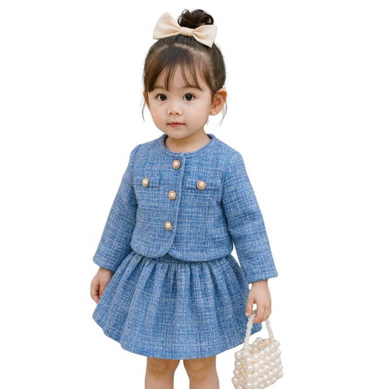 Rakuten - [MIEONLINE] 子供服 セットアップ 女の子 ツイード ジャケット＋スカート 上品 おしゃれ フォーマル 2点セット 写真映え 発表会 入園式 卒園式 結婚式 七五三 パーティー ブルー 100 110 120
