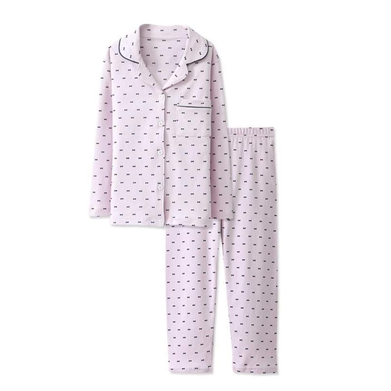 樂天商城 - [S-Lifeeling] パジャマ 上下セット 女の子 長袖 100cm-150cm ルーム 子供パジャマ 前開き かわいい ガールズ キッズ 部屋着 寝間着 綿100％ 小紋 春 秋 冬 ピンク 蝶結び