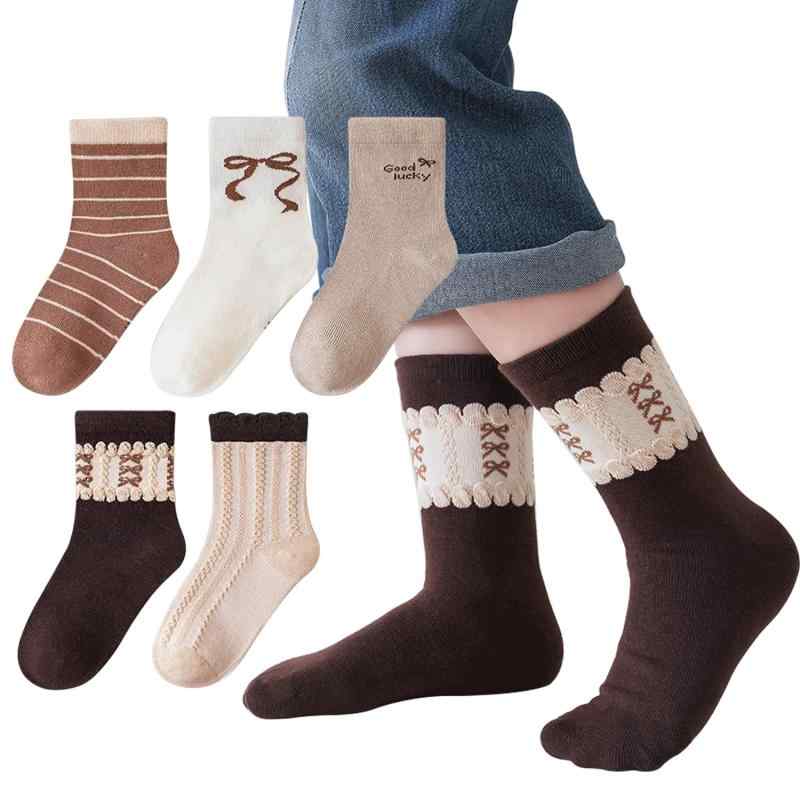 [Buffydeer] キッズ 靴下 女の子 春秋 抗菌 綿 ソックス 5足セット ガールズ フォーマル服用靴下 可愛い リボン ボーダー お姫様 女児 クルーソックス 通学 通園