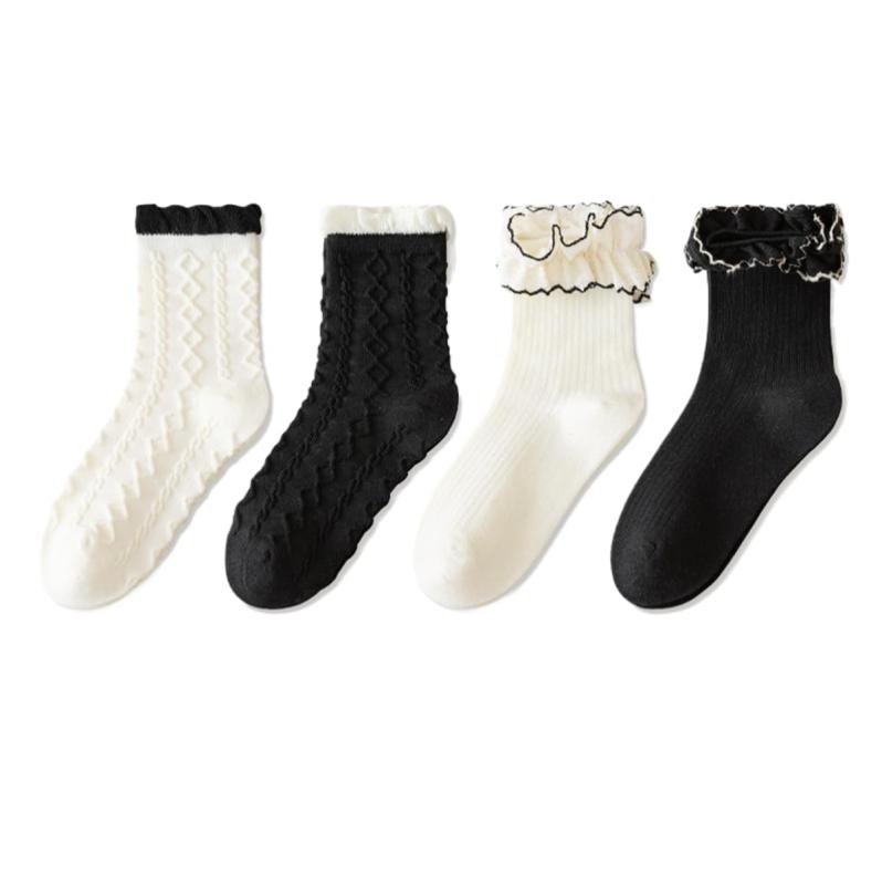 [VOKLLIYU] 女の子 子供靴下 キッズ ソックス 4足セット クルーソックス 花边レ-スソックス 可愛い 綿 伸縮 通気性 吸汗 ハイソックス かわいい 靴下 くつした 通学 通園