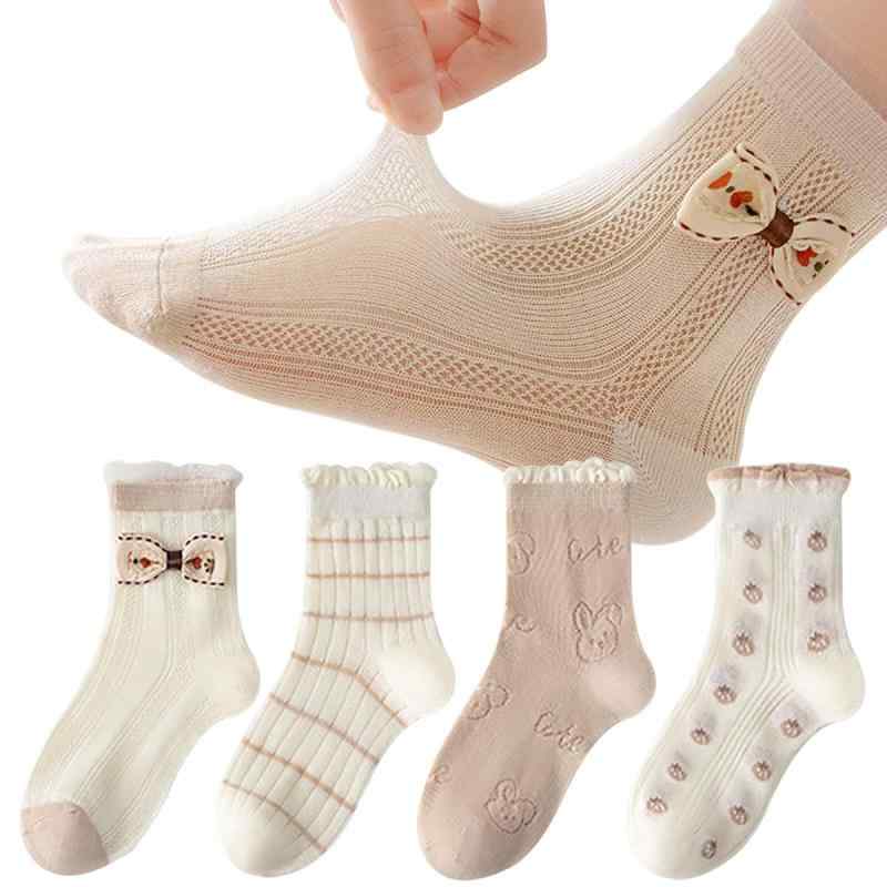 [ANNGEBALY] キッズ靴下 女の子 ソックス 4足セット ガールズ 夏用 可愛い リボンウボン ソックス 子供用靴下 メッシュ 通気 フォーマル服用 ボーダー 通園 通学 綿