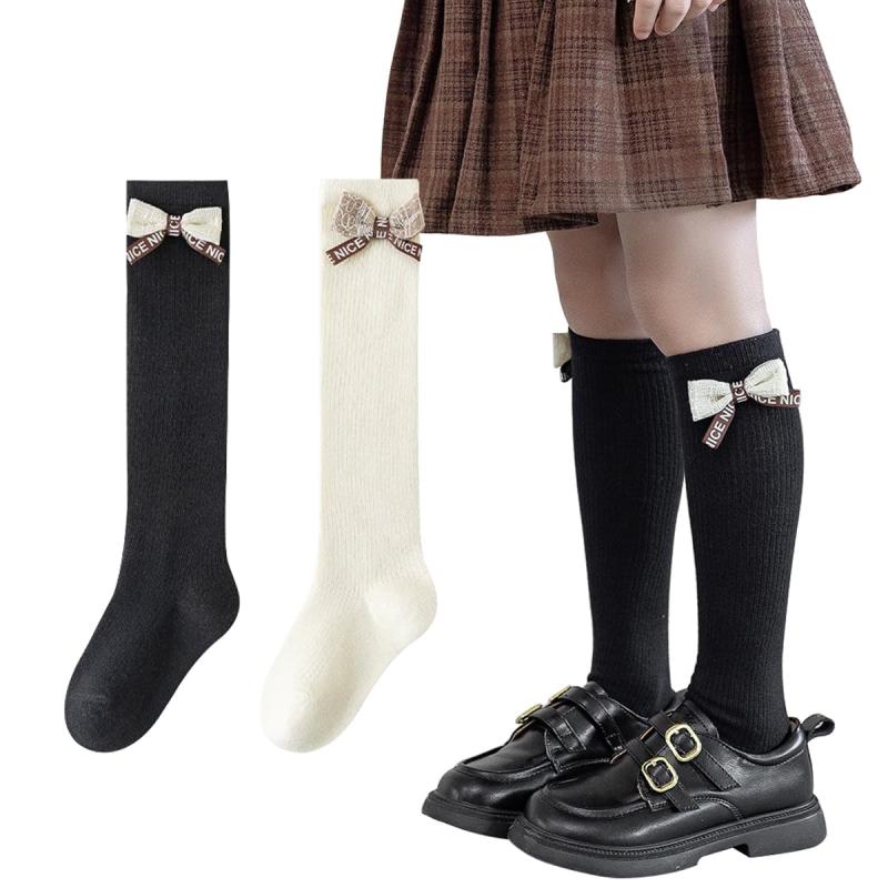 樂天商城 - [QINTIAN] キッズ 靴下 ガールズ カーフソックス 黒 白 女の子靴下 2足セット 子供フォーマル服用 学生 ハイソックス お姫様 可愛い リボン 入学式 卒業式 発表会 通園 通学 綿