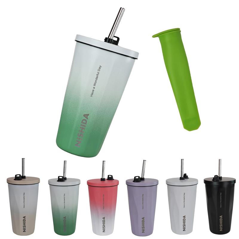 西田(Nishida) タンブラー 保温 保冷 蓋付き ストロー付きタンブラー おしゃれ オフィス ステンレス アウトドア コンパクト スティック状製氷シリコン容器 プレゼント 真空断熱 600ml