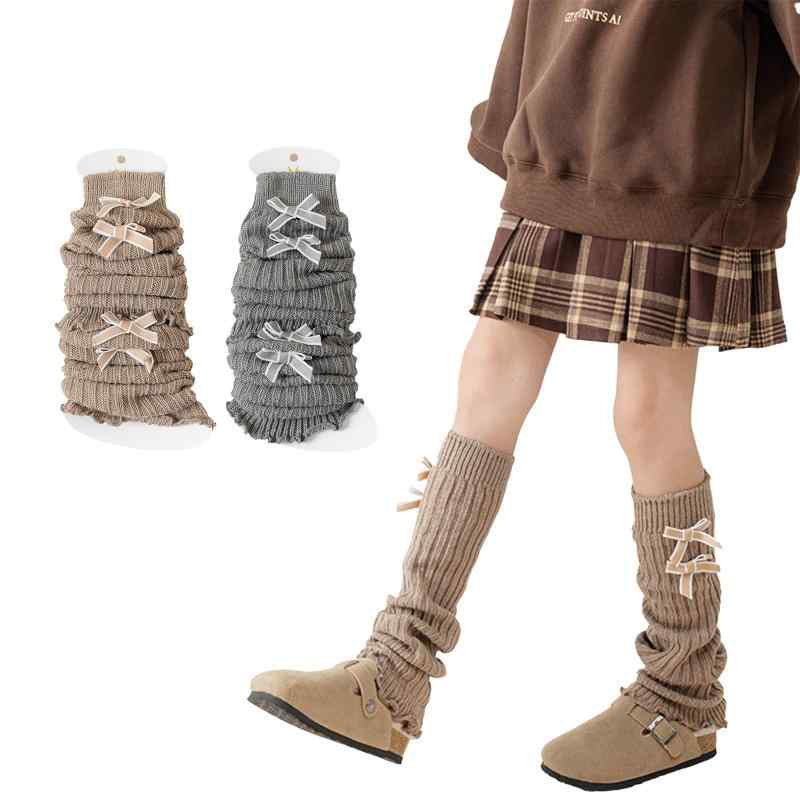 [ZVCXOE] レッグウォーマー キッズ 2足セット 春秋 ダブルリボン ルーズソックス シンプル 子供 女の子 冷え対策 派手 ダンス衣装 伸縮性 防寒 暖かい フリーサイズ