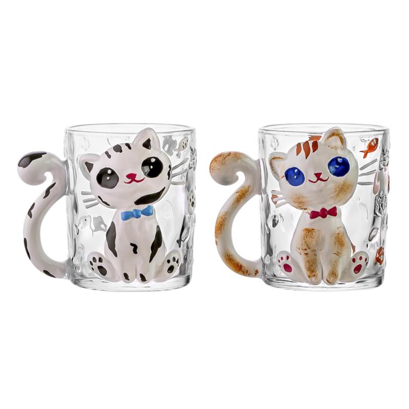 ラウンドマグ、耐熱ガラス マグカップ 3D立体 猫カップ ガラスコップ タンブラーグラス 可愛い ミルクカップ ティーカップ コーヒー ティー グラス 電子レンジ 食洗器OK 耐冷 オフィス用 テ