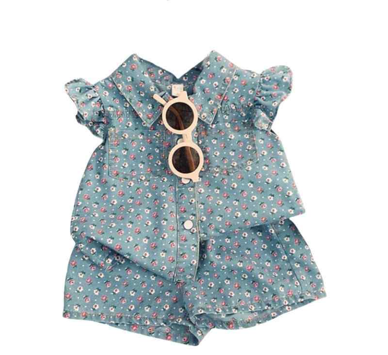樂天商城 - [Yhsuoxfd] ティーシャツ 子供 女の子 2点セット デニム フレンチスリーブ tシャツ ポロネック 花柄 ショートパンツ グムウエスト トップス ゆったり 通学 通園 普段着