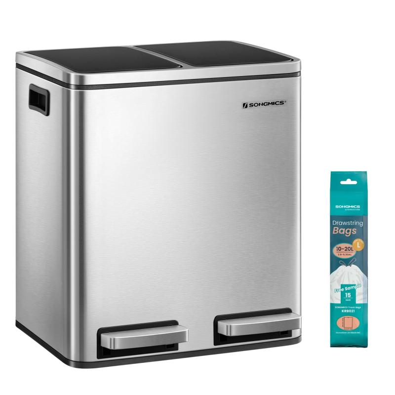 SONGMICS ゴミ箱 分別 2連 横型ダストボックス 蓋付き 大容量 ステンレス製 ペダル式 ペットボトルや缶収納可能 おしゃれ 袋が見えない 密閉性 キッチン リビング オフィス用