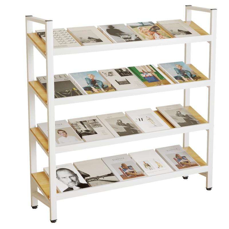 楽天stellarshopマガジンラック 雑誌ラック 木製 雑誌棚 4段 省スペース 大容量収納 スチール製 オープン型書籍展示架 丈夫な強化構造 補強バーと太めのスチールフレームでガタつき 変形防止 オフィス 家