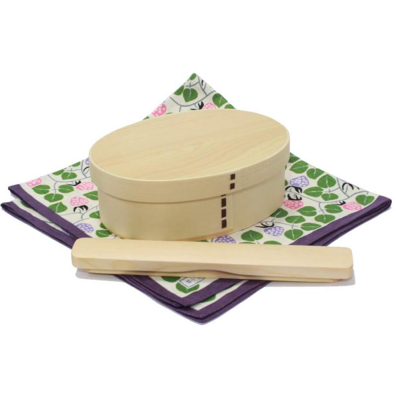 樂天商城 - 【天然杉】曲げわっぱ一段弁当箱(小) ウレタン塗装 500ml (弁当箱・木製箸・箸箱・京風呂敷セット) 四葉とどくだみ グリーンVer.