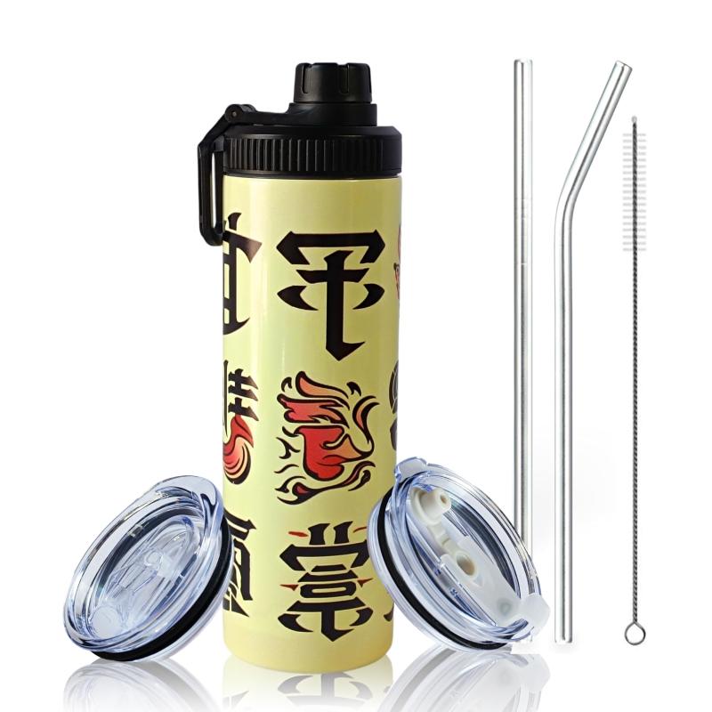樂天商城 - タンブラー 600ml 保温ボトル 3種類の防漏蓋&ストロー付き 和風デザイン 伝統模様 真空断熱 保温保冷 プレゼント/ビジネス/車用
