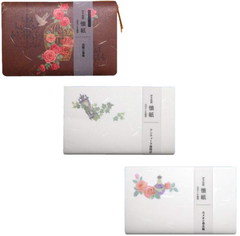 カミイソ 日本製 和紙 懐紙 美MONDE 懐紙 2点+ケース付1点 (鳥籠と薔薇・アンティーク・カメオと香水瓶) セット 20枚入×3