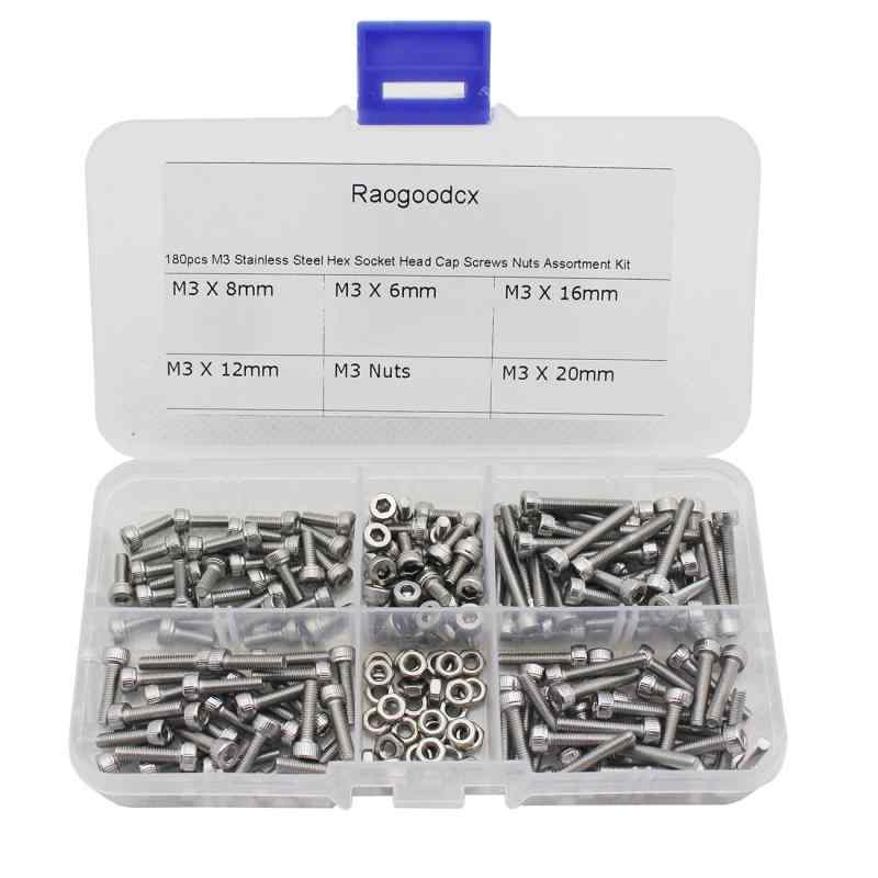 180本入リ M3 六角穴付ボルト セット 六角ネジ 六角ソケット 皿頭ボルト セット ステンレス鋼 フラットヘッドボルト ナットキット 修理ツール 収納ケース付き