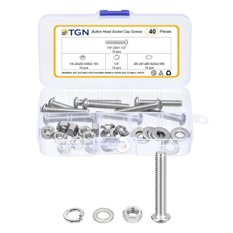 DTGN 40個1/4-20x1-1/2"ボタンヘッドソケットキャップスクリュー - 304ステンレススチールボルトナットセットワッシャーアソートメントキット - ロードバイク マウンテンバイク オート用に適